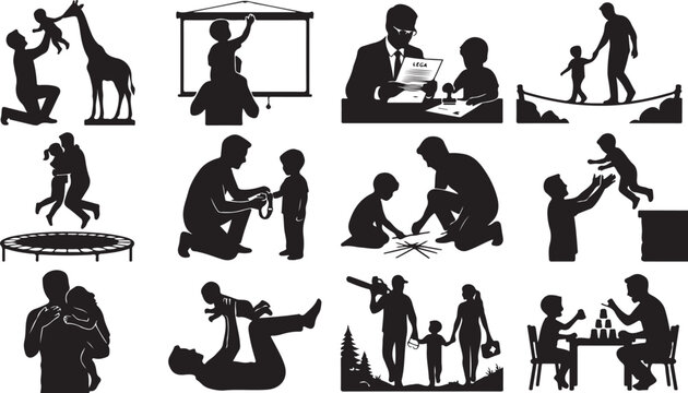 Set of black silhouettes showing father and child interacting in various daily activities like playing learning walking and having fun together isolated on white background, Vector, illustration