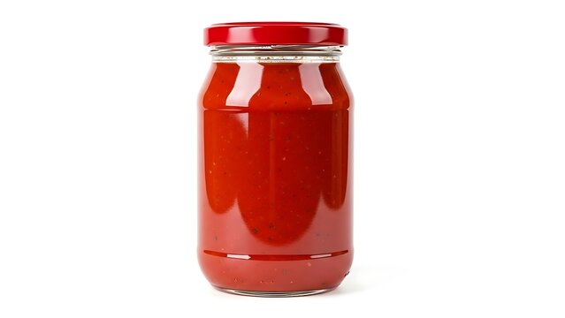 A jar of red sauce on a white background