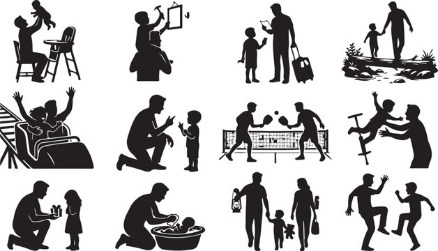 Set of black silhouettes showing a father spending time with his children in various daily activities like playing and caring for the family isolated on white background, Vector, illustration