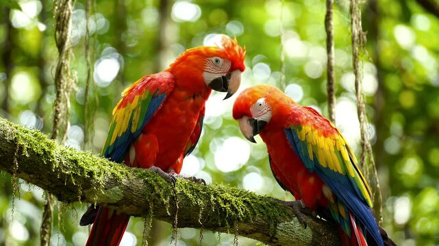 Pair of scarlet macaws preening on a branch in the rainforest