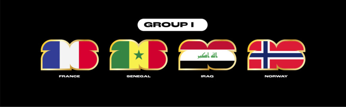 International soccer competition graphic featuring group I flags france, senegal, iraq, norway