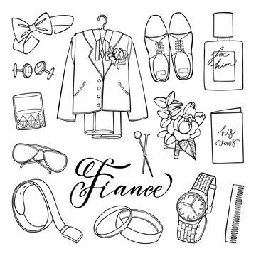 Hand drawn fiance wedding elements collection. Elegant black outline groom accessory set with stylish suit, wristwatch, boutonniere, shoes, comb, glasses, belt, rings and cologne. Vector illustration.