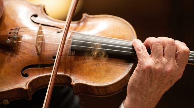 A close-up shot of a person's hand holding a violin bow and playing a violin indoors with skill and precision.