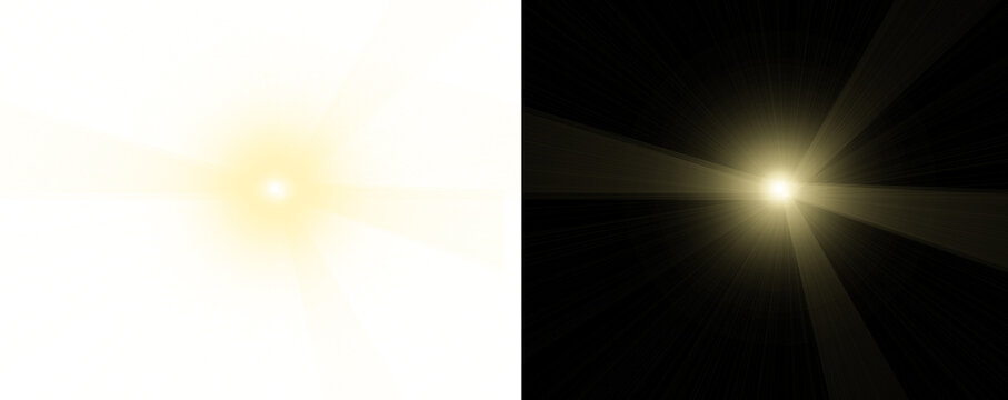 Split screen with bright light on both white and black backgrounds shining with rays isolated on transparent background