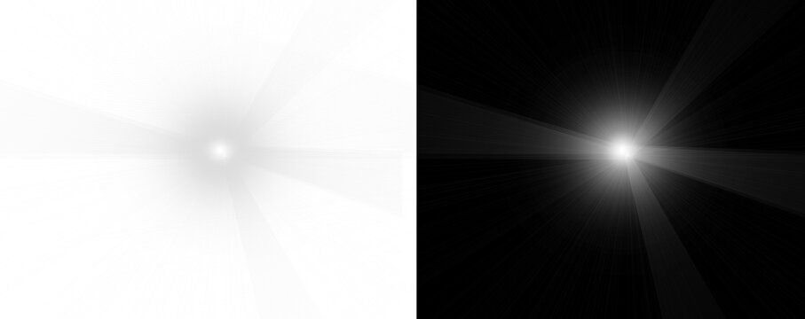 A bright light shining on a black and transparent background with rays and lens flares