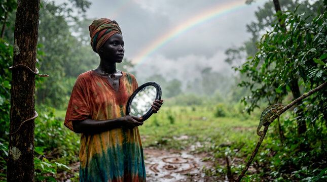 Oxumare African Orisha of Rainbow Transformation and Duality with Mirror Snake and Chameleon - Yoruba Deity Collection