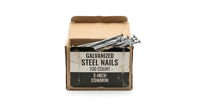 Bulk Box of Galvanized Steel Nails for Carpentry and Wood Framing on White