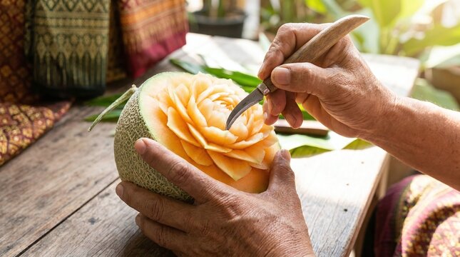 A person carves a decorative flower design on a melon with a knife on a table indoors.