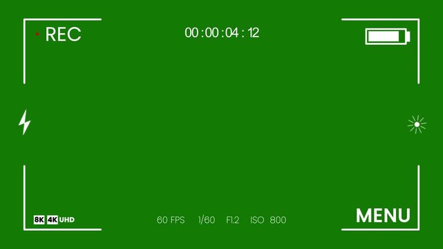 Recording camera recorder screen overlay, camera viewfinder, camera streaming recorder, DSLR camera frame viewfinder, rec text camera recording icon blink animation on green screen in UHD, 4K