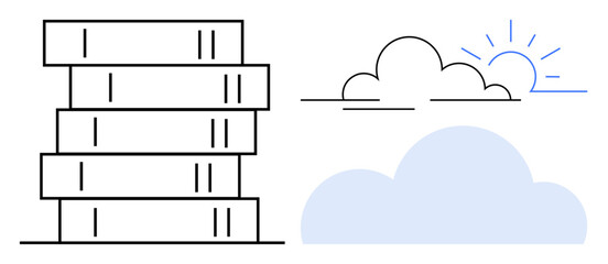 Education, digital storage, knowledge sharing, cloud computing, data management, information exchange. A stack of books beside a cloud and sun outline. Education and digital storage concept © robu_s