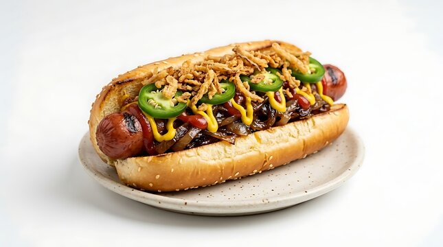 Gourmet hot dog with jalape&ntilde;os onions mustard on a bun jalapeno condiments delicious appetizing