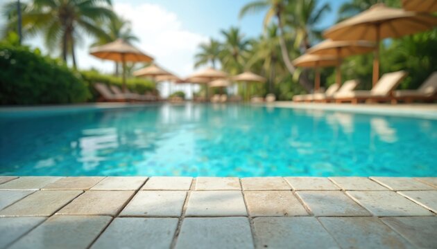 Clear turquoise water in swimming pool. Lounge chairs under umbrellas line edge of resort. Palm trees sway in sunny tropical weather. Peaceful vacation destination for relaxation.