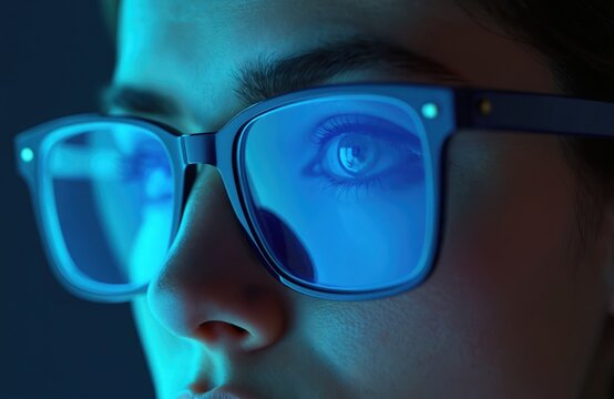 Person wears blue light blocking glasses for computer screen glare protection. Eye strain relief, digital wellness. Modern optical eyewear for safe tech use, clear vision.