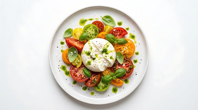 Caprese salad with burrata cheese and heirloom tomatoes Italian food light meal olive oil plated food