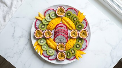 Naklejka premium Overhead view of a fruit platter with dragon fruit kiwi mango passion fruit slices tropical fruit vitamins