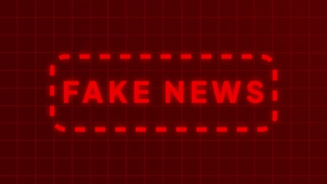 Fake News Red Neon Text Animation on Futuristic Digital Grid Background, Modern Media Motion Design