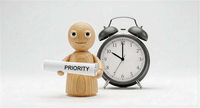 Task prioritization management concept with 3D wooden figure holding priority sign near alarm clock with copy space for business productivity banner
