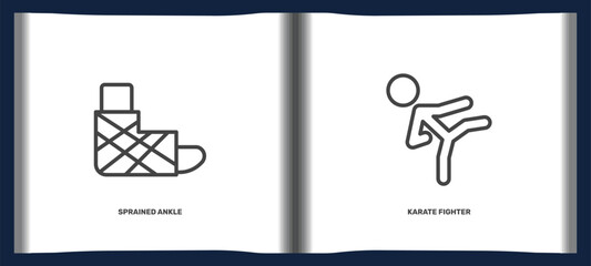 sport and games icon set with sprained ankle, karate fighter signs in flat outline style. linear icons for ui, web and printing © Abstract