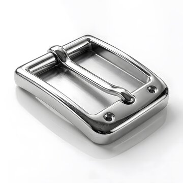 A polished rectangular silver metal buckle with a movable bar is precisely isolated on a clean white background with a subtle cast shadow, ideal for design