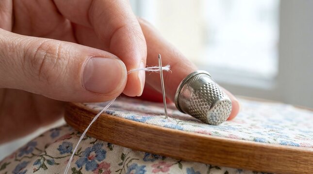A person's hand threading a needle with white thread next to a thimble on an embroidery hoop.
