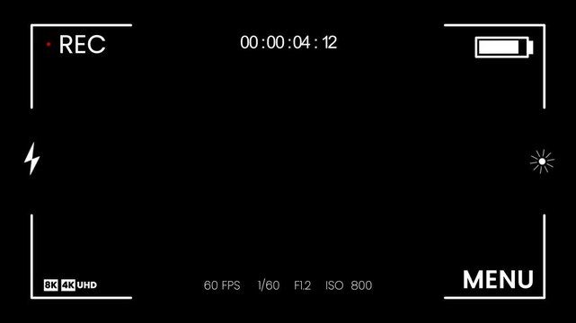 Video camera recorder screen overlay on a transparent background, DSLR camera frame viewfinder, camera viewfinder, rec text camera recording icon blink animation on black screen in UHD, 4K