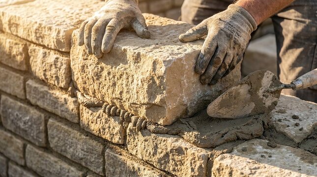 A person wearing gloves is laying a stone on top of a brick wall outdoors in a construction site with hands and tools visible closely.