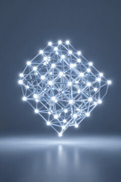 Geometric polyhedron structure floats within a misty void, emitting bright white radiance from every vertex connection. Thin silver lines form an intricate complex lattice pattern.
