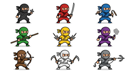 Obraz premium Diverse Array of Ninjas in Various Colors and Poses, Showcasing Different Combat Styles and Weaponry
