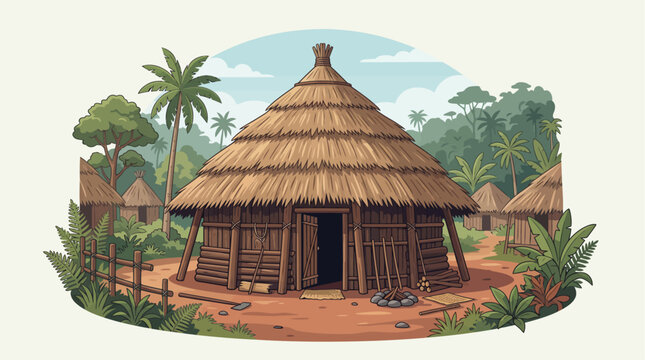 Vector illustration of Honai traditional house from Papua featuring thatched roof architecture, tribal village ambiance, tropical scenery, and clean detailed flat design.