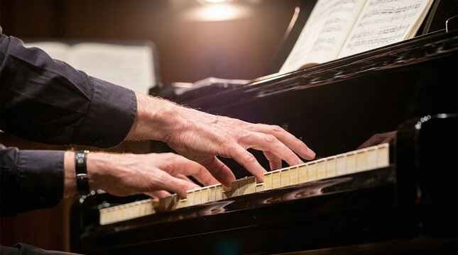 Man playing piano keys with sheet music in a dimly lit room with focused expression and skillful fingers.