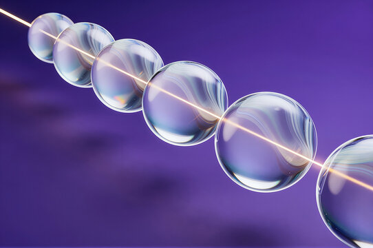 Glass spheres align along a glowing diagonal beam of light against a deep violet gradient field. Each translucent orb refracts internal highlights and distorted caustic patterns.