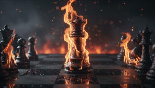Flames engulf a chess king, symbolizing high stakes. Pieces burn, casting ominous shadows across the board. Darkness surrounds the fire, intensifying the tension
