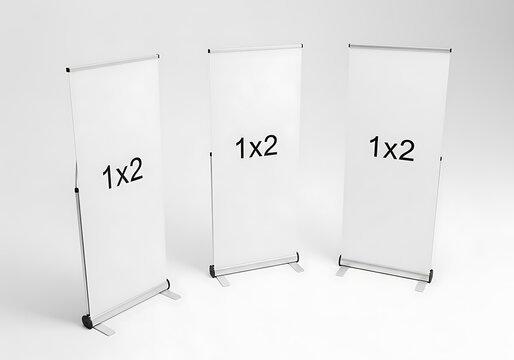 Three blank roll up banner stands mockup 1x2 meter isolated on white background for advertising