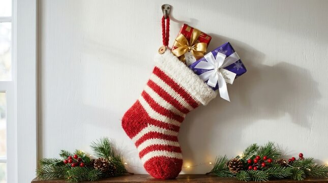Festive christmas stocking with gifts hanging on a white wall holiday decor