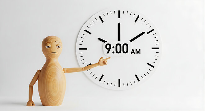 Time management and deadline pressure concept with wooden mannequin pointing at clock for corporate productivity training banner