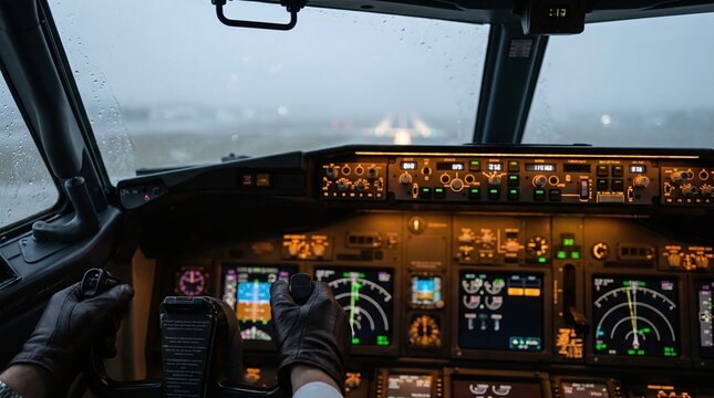 Pilot flying airplane on rainy day through cockpit window at airport runway with controls and instruments lit up