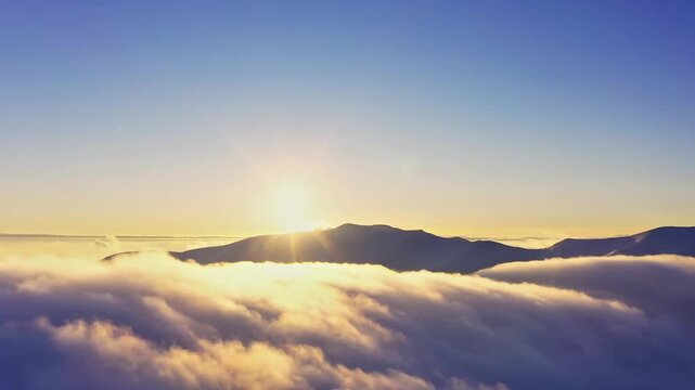 Smooth aerial movement above thick clouds in cinematic 4K landscape footage.