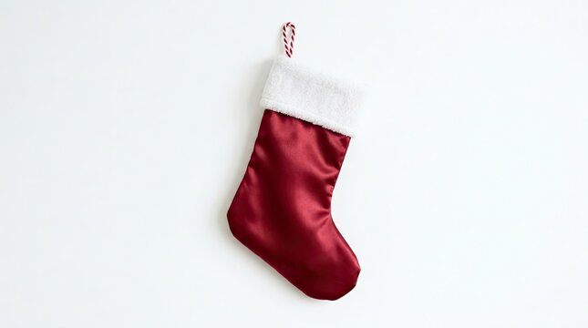 Luxurious red satin christmas stocking with faux fur trim hanging on white background