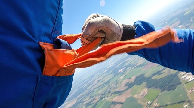 Person in blue jumpsuit holds orange parachute while skydiving over green landscape.