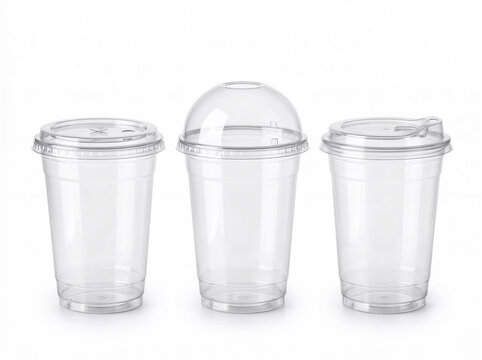 Plastic take-out cups with transparent lids - disposable coffee, tea, or cocktail containers. Beverage vessels with domes and flat lids for hot or cold drinks. Realistic take-out glasses mugs