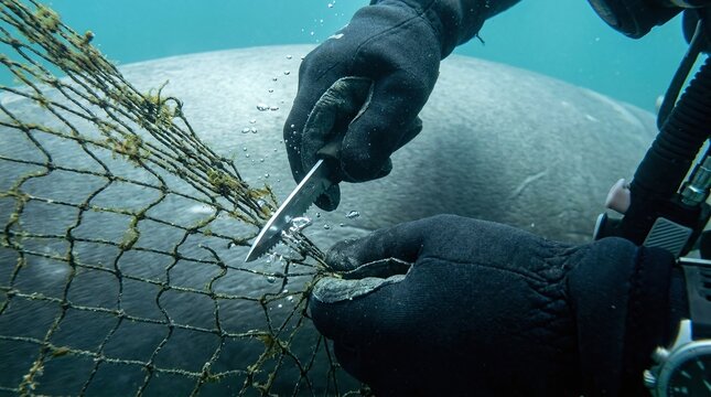 Scuba diver cutting a sea turtle entangled in a fishing net underwater with a knife slowly