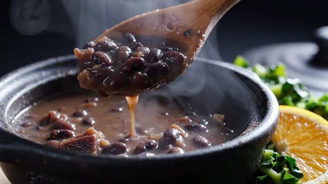 Cinematic 4K close-up of steaming Brazilian Feijoada in clay pot, wooden spoon lifting thick black bean stew with orange slice and collard greens, minimalist moody lighting.