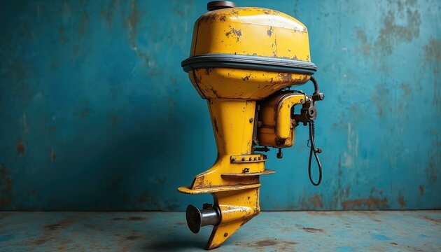 Old yellow outboard motor sits on blue textured floor. This marine propulsion system has propeller and wires. It is a nautical object. Object has signs of wear and rust.