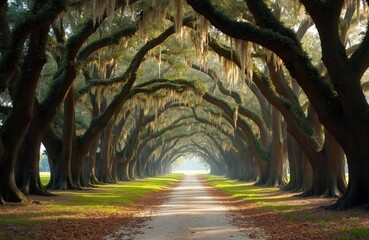 Fototapeta premium Tunnel of live oak trees draped with spanish moss forms a scenic path. Green grass borders a dirt road leading into hazy distance. Sunlight filters through branches creating dappled shade.