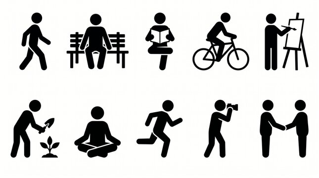 Eight stick‑figure icons in a grid, depicting walking, reading, cycling, painting, gardening, meditating, running, handshaking, and group conversation activities.