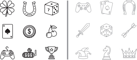 Vector line icon set of gaming and gambling symbols including dice playing cards horseshoe gamepad and slot machine for casino UI design © Nur