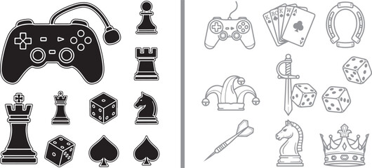 Gaming and gambling icon set with gamepad chess pieces dice and playing cards in black silhouette and line art vector style © Nur