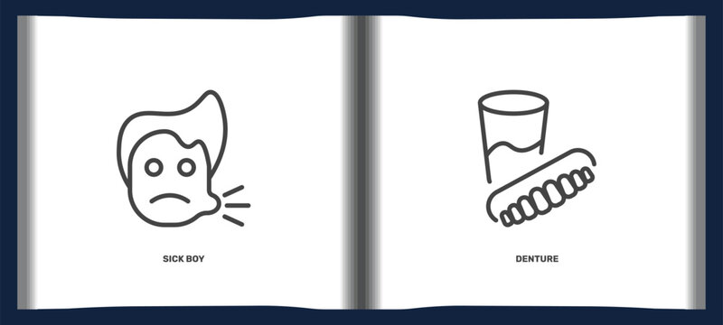 dental health icon set with sick boy, denture signs in flat outline style. linear icons for ui, web and printing