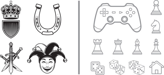 Vector icon set with medieval symbols and gaming elements including crown swords jester game controller chess pieces and dice © Nur