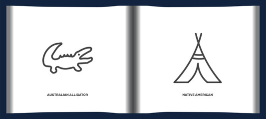 culture and civilization icon set with australian alligator, native american wigwam signs in flat outline style. linear icons for ui, web and printing © Abstract